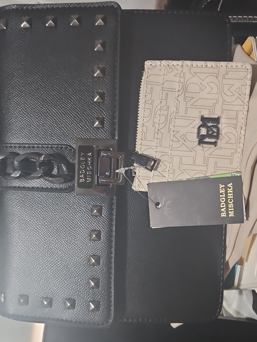 Badgley Mischka Black Studded Top-Handle Shoulder Bag Chain, w/CC ($39) Holder.